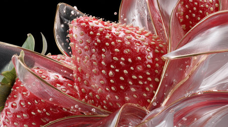 A stunning close-up of a vibrant red strawberry showcases intricate textures and droplets, emphasizing its freshness and sweetness against a dark backdrop.の素材