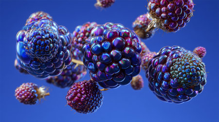 A captivating display of glossy blackberries floating against a bright blue background. This image highlights the vibrant color and texture of fresh fruit, perfect for healthy lifestyle themes.の素材