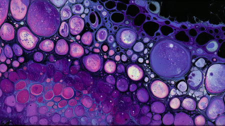 This stunning abstract fluid art features vibrant purple bubbles set against a dark background, creating an eye-catching visual perfect for artistic projects and designs.の素材