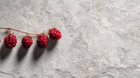 A minimalistic composition showcasing fresh raspberries on a light stone surface. The subtle shadows enhance the natural beauty and simplicity of the fruit, ideal for food photography.の素材