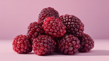 A vibrant pile of fresh raspberries on a soft pink background, showcasing their juicy texture and bright color. Ideal for health, culinary, and organic themes.の素材