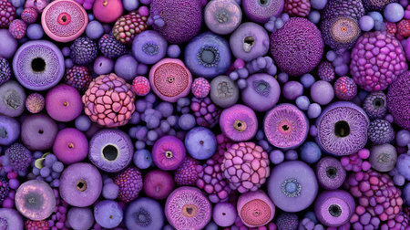 Explore a vibrant and colorful abstract pattern featuring an array of spherical shapes and textures in shades of purple, pink, and blue, perfect for artistic projects.の素材