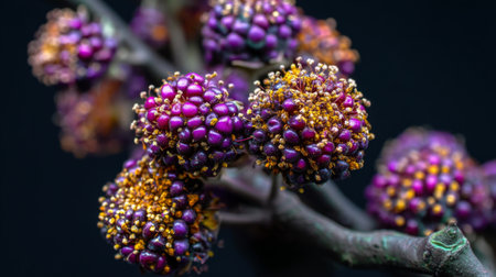 This stunning close-up captures vibrant purple flower buds adorned with tiny golden particles, showcasing intricate details against a contrasting dark background.の素材