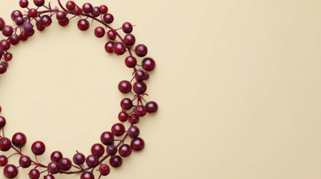 A beautifully arranged round wreath of deep red berries against a soft beige background, perfect for seasonal decorations and adding a touch of natural elegance to any space.の素材