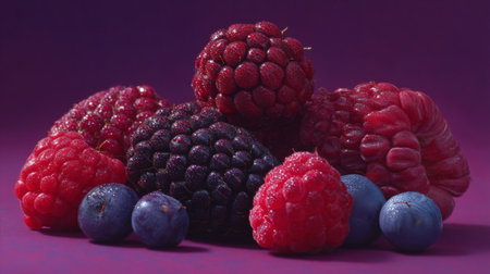 Discover a stunning arrangement of fresh raspberries, blackberries, and blueberries glistening with water droplets against a vibrant purple background. Perfect for food photography.の素材