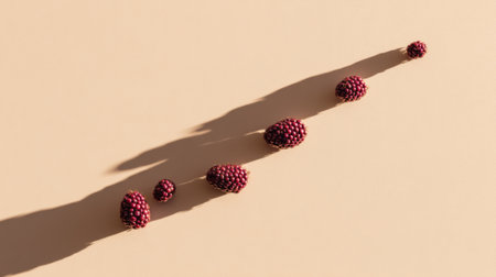 A beautiful arrangement of fresh blackberries on a beige surface showcasing their rich color and texture, with long shadows adding depth to the artistic composition.の素材