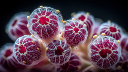 Explore the stunning details of vibrant red flora in this close-up macro photograph, showcasing intricate patterns and textures in a dark, serene backdrop.の素材