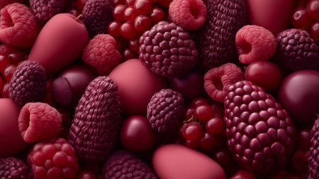 This colorful assortment of red and purple berries showcases various shapes and textures, perfect for food photography, healthy recipes, or culinary projects.の素材