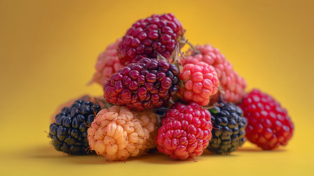A stunning display of assorted berries in vivid colors, creating an eye-catching arrangement against a bright yellow background, perfect for food photography and presentations.の素材