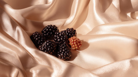 This stunning image features fresh blackberries positioned delicately on soft satin fabric, highlighting the contrast of colors and textures, perfect for elegant presentations.の素材