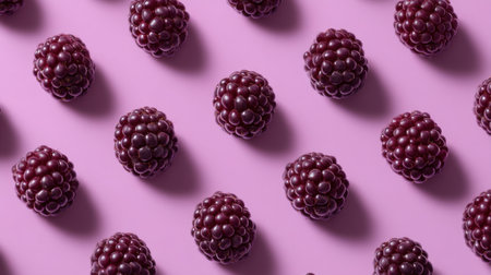 A visually striking arrangement of fresh blackberries set against a soft pink background, ideal for conveying themes of health, wellness, and seasonal eating.の素材