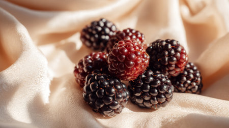 A beautiful arrangement of fresh blackberries resting on soft silk fabric, illuminated by natural light. Ideal for showcasing culinary delights and healthy eating.の素材