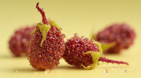 Captivating close-up of fresh berries adorned with glistening dew droplets on a soft yellow background, emphasizing natural beauty and freshness ideal for culinary projects.の素材