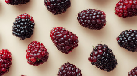 This image features a stunning arrangement of fresh blackberries and raspberries on a soft background, highlighting their vibrant colors and textures for an appealing presentation.の素材