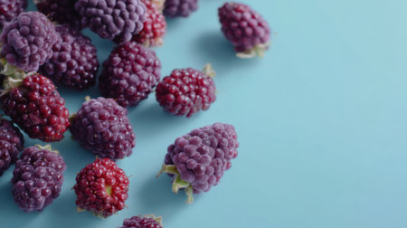 A stunning arrangement of fresh raspberries and berries on a solid blue background, showcasing their texture and vibrant colors, ideal for culinary themes.の素材