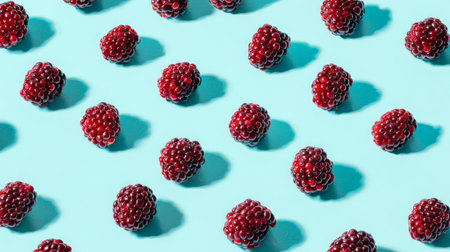 Brightly arranged blackberries sit on a soft blue surface, showcasing their rich color and texture. Ideal for enhancing food-related projects or marketing materials.の素材