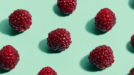 Close-up view of fresh raspberries arranged on a vibrant background, showcasing their rich color and texture, ideal for culinary presentations and healthy recipes.の素材