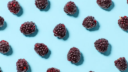 This vibrant image features fresh blackberries scattered over a light blue background, ideal for summer recipes and healthy snack ideas, adding a pop of color to any food photography.の素材