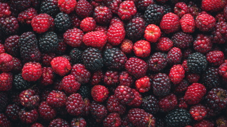 A vibrant close-up of assorted fresh red and black berries, showcasing their juicy textures and rich colors, perfect for healthy eating and culinary presentations.の素材