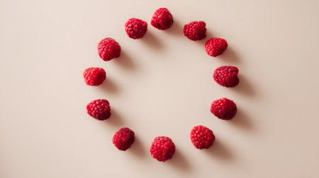 This image showcases fresh red raspberries beautifully arranged in a circular pattern against a soft beige background, perfect for culinary projects or healthy eating concepts.の素材