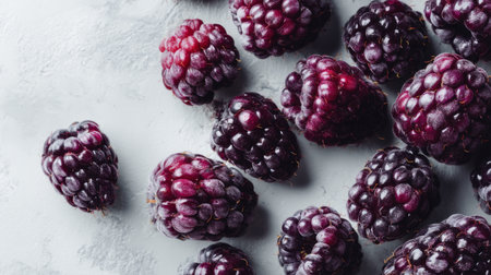 A close-up view of fresh blackberries on a grey surface showcases their rich texture and vibrant color, ideal for food photography and health-related themes.の素材