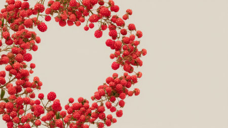 A beautiful circular arrangement of vibrant red berries on a soft beige background, perfect for nature-inspired themes or seasonal decorations.の素材