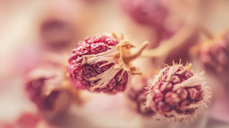 A captivating close-up of a dehydrated berry reveals intricate textures and delicate details, set against a soft focus background that enhances its natural beauty.の素材