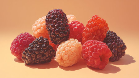 A stunning collection of fresh raspberries and blackberries arranged artistically, ideal for showcasing vibrant colors and textures in culinary projects or food photography.の素材