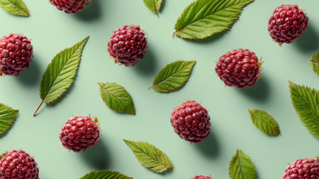 A beautiful arrangement of fresh red raspberries alongside green leaves on a light green background, showcasing vibrant colors and natural textures, perfect for healthy eating themes.の素材