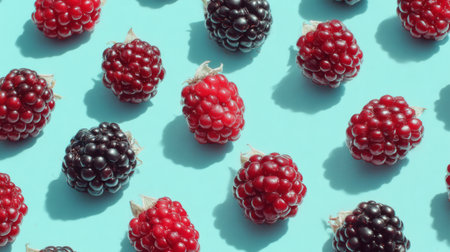 A visually striking arrangement of fresh blackberries and raspberries on a bright blue background, showcasing their vivid colors and textures, perfect for culinary inspiration.の素材