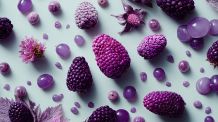 A visually stunning composition featuring an array of purple fruits, flowers, and gelatin spheres on a soft blue backdrop, perfect for enhancing any creative project.の素材