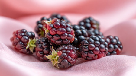 A stunning arrangement of fresh blackberries resting on a soft pink fabric, showcasing vibrant colors and textures perfect for culinary inspiration and presentations.の素材
