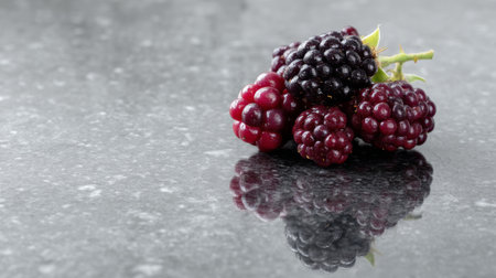 A stunning arrangement of fresh blackberries and raspberries resting on a polished stone surface. This colorful display captures the essence of healthy eating.の素材