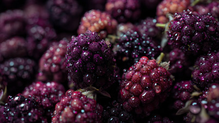 A closeup of fresh dark berries that glisten with water droplets, highlighting their rich colors and natural beauty. Ideal for food enthusiasts and health advocates.の素材