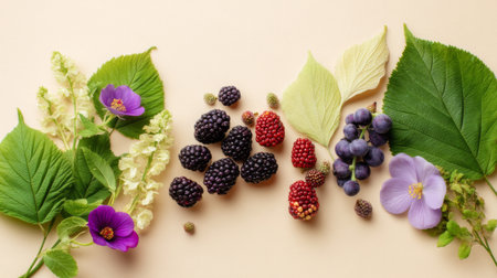 A visually pleasing arrangement of assorted berries, fresh leaves, and colorful edible flowers on a soft background, perfect for culinary inspiration or natural product styling.の素材