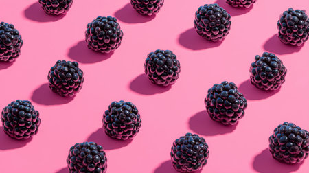 A stunning arrangement of fresh blackberries on a vibrant pink background. The contrasting colors and shadows create an appealing visual, perfect for food-related content.の素材