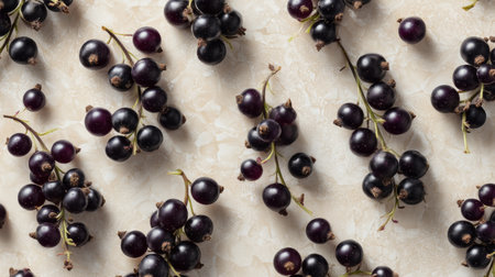 A close-up image showcasing fresh black currants scattered on a light stone background. The texture and vibrant colors highlight their natural beauty, perfect for culinary and design projects.の素材