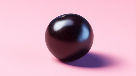 This image features a glossy black sphere resting on a soft pink background, showcasing a playful contrast and a modern aesthetic ideal for creative projects.の素材