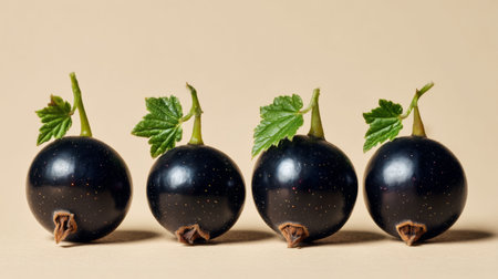 This image features a row of fresh blackcurrants with vibrant green leaves against a beige background, highlighting their natural beauty, perfect for culinary inspiration.の素材
