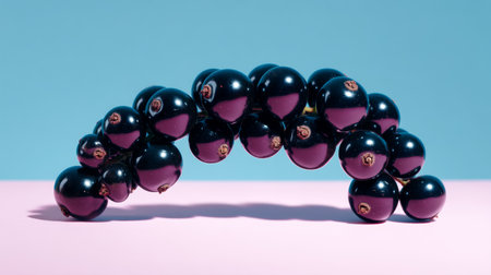 This image features a creative arrangement of black glossy spheres styled into an arch, set against a pastel background, perfect for design projects seeking modern aesthetics.の素材
