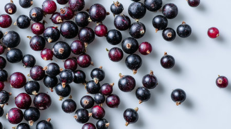 A beautiful arrangement of fresh black and red currants on a light gray surface showcases their vibrant colors and natural shadows, perfect for food-related projects.の素材