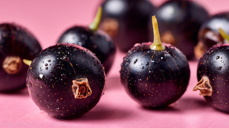 A vibrant close-up of fresh black currants glistening with water drops on a pink background, showcasing the fruit's natural beauty and health benefits. Ideal for culinary use.の素材