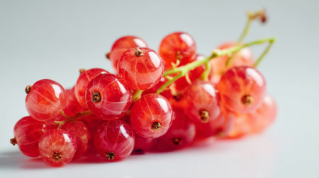 A closeup of fresh red currants showcases their shiny surface and vibrant color. These juicy berries are perfect for desserts, salad toppings, or healthy snacks.の素材
