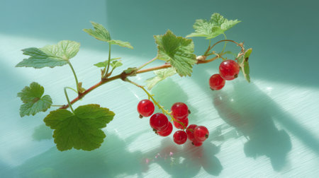 A branch of fresh red currants rests on a soft green surface, illuminated by gentle sunlight, creating a beautiful interplay of shadows and vibrant colors.の素材