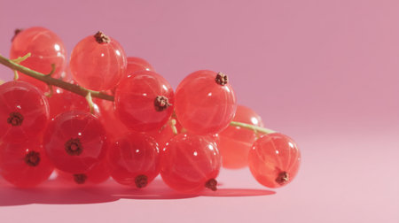 A stunning arrangement of fresh red currants sits against a soft pink background. This image captures the vibrant colors and natural beauty of healthy berries.の素材