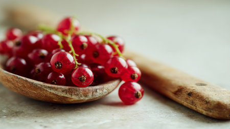 Bright red currants resting on a rustic wooden spoon evoke a sense of freshness and natural beauty, perfect for culinary inspirations and healthy lifestyle themes.の素材