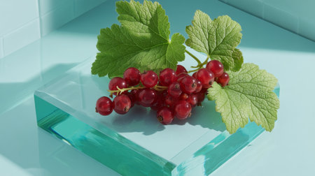 A visually appealing arrangement of fresh red currants accompanied by lush green leaves atop a sleek glass surface, perfect for culinary and artistic endeavors.の素材
