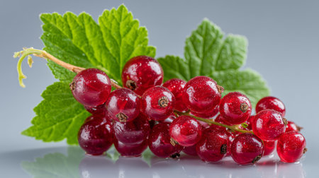 A stunning close-up of fresh red currants adorned with water droplets resting alongside green leaves, perfect for showcasing vibrant natural beauty and healthy ingredients.の素材