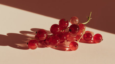 This artistic still life captures fresh red berries in natural light, creating a dramatic play of shadows that highlights their vibrant color and inviting appearance.の素材