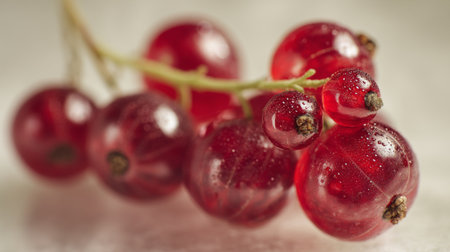 A vivid close-up of fresh red currants showcases their plump form and glistening water droplets, making them an inviting choice for healthy eating and culinary delights.の素材